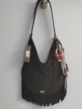 NWT Steve Madden Black Fringe Hobo Bag with Accent Charms